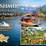 Charzan Holidays promoting a 7 Night, 8 Day Kashmir Tour Package (April Special). The top image shows traditional Shikara boats on Dal Lake, Srinagar, with mountains and houseboats. Below, a vibrant tulip garden in bloom, a map of Jammu and Kashmir, and the company logo.