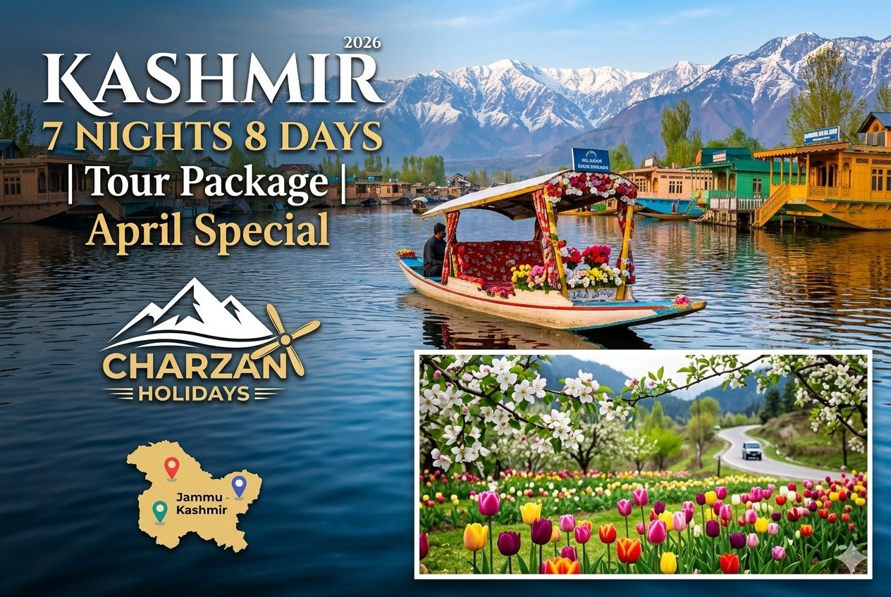 Charzan Holidays promoting a 7 Night, 8 Day Kashmir Tour Package (April Special). The top image shows traditional Shikara boats on Dal Lake, Srinagar, with mountains and houseboats. Below, a vibrant tulip garden in bloom, a map of Jammu and Kashmir, and the company logo.